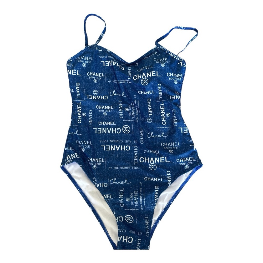 CHANEL Navy Logo Print Swimsuit